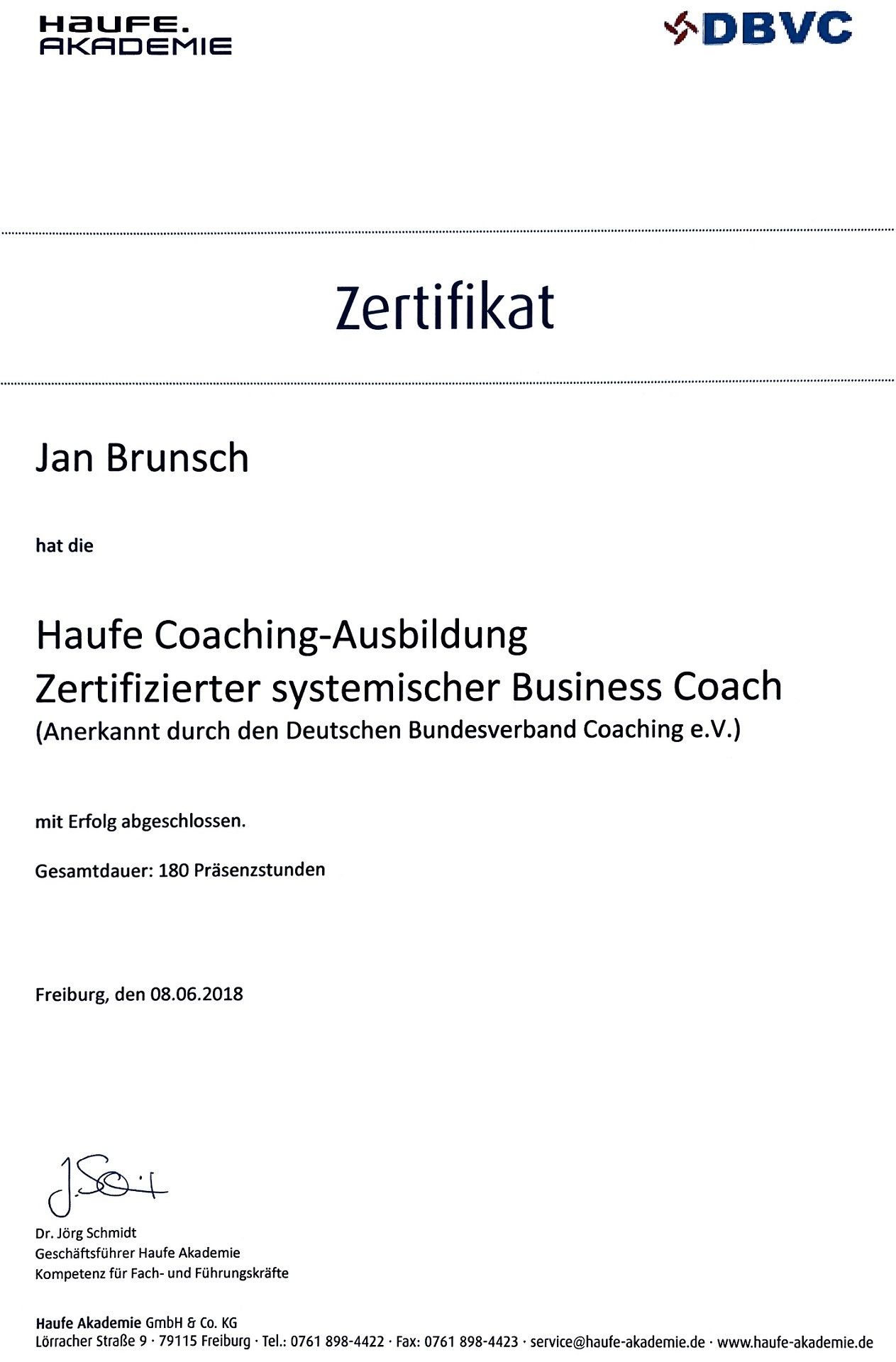 Zertifikat Haufe Coaching-Ausbildung
                 Zertifizierter systemischer Business Coach
